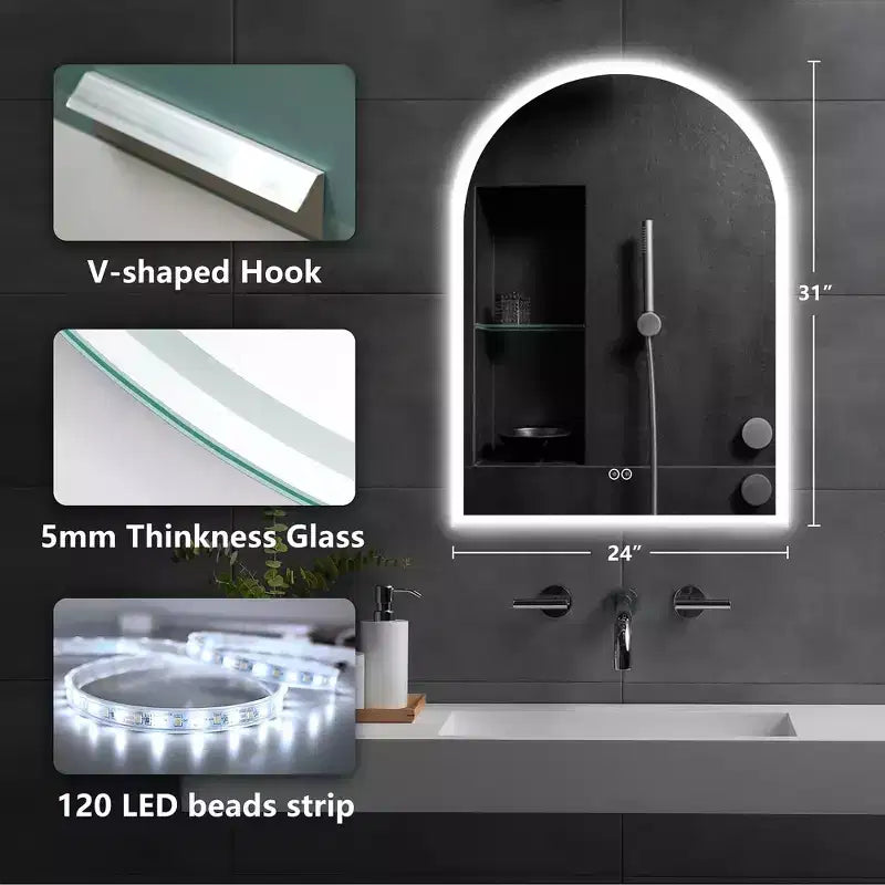 Miroir de salle de bain arqué avec éclairage LED et fonction anti-buée