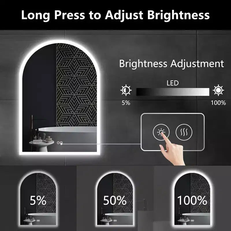 Miroir de salle de bain arqué avec éclairage LED et fonction anti-buée