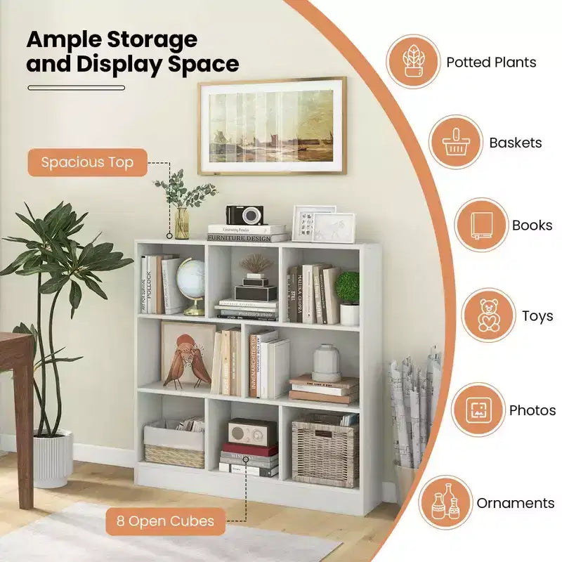 Étagère 8 cubes, 41 po, en bois, organiseur de rangement pour jouets et livres d'enfants, naturel/blanc